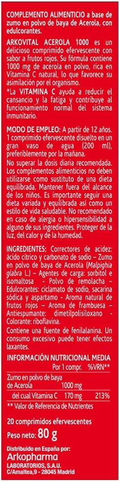 Arkopharma Arkovital Acerola 1000 Vit C - 20 Comprimidos Efervescentes - Imagen 2