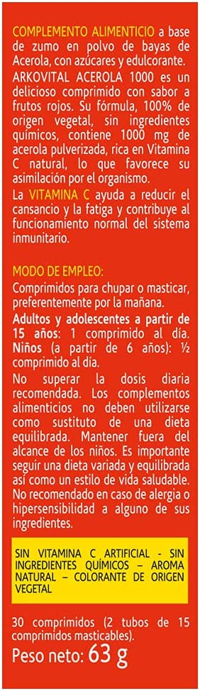 Arkopharma Arkovital Acerola 1000 Mg Vitamina C - 30 Comprimidos Masticables - Imagen 2