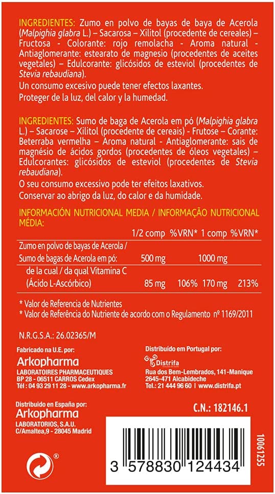 Arkopharma Arkovital Acerola 1000 Mg Vitamina C - 30 Comprimidos Masticables - Imagen 3